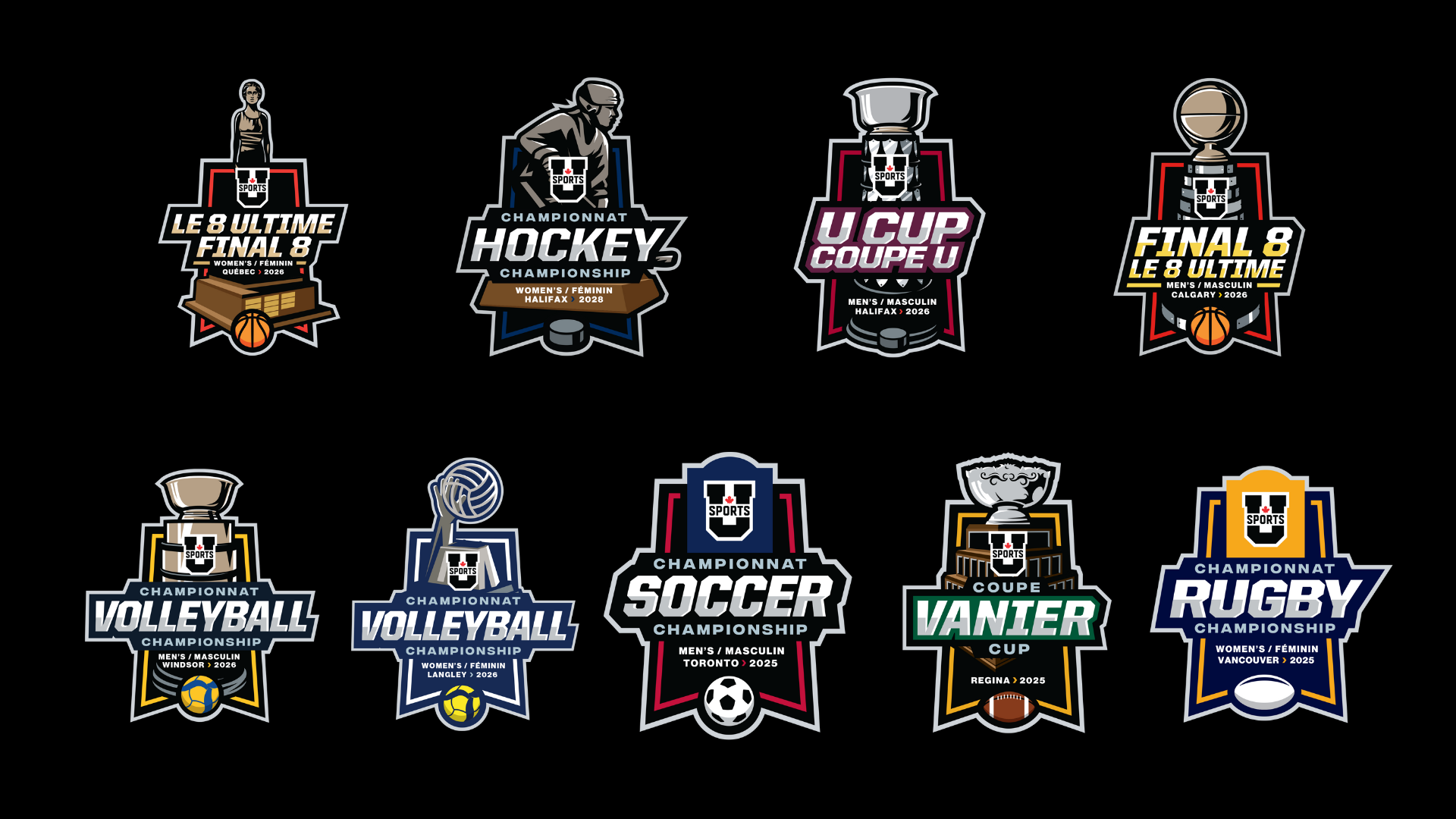 U SPORTS d&eacute;voile la refonte de ses logos de championnats mettant en vedette des troph&eacute;es embl&eacute;matiques et les couleurs des universit&eacute;s h&ocirc;tes